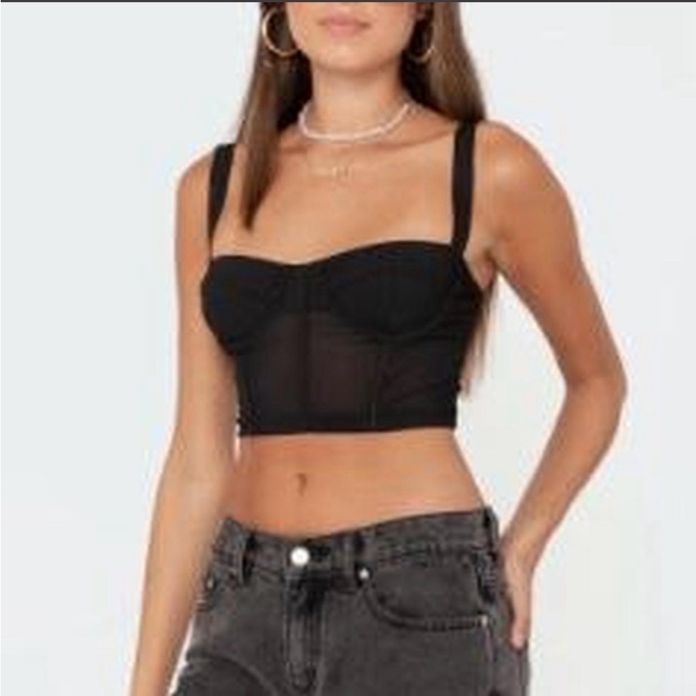 Edikted Black Mesh Corset Top Wide Strap Bustier Zip Front Y2K Going Out Top S